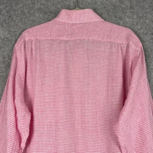 Peter Millar Linen Shirt Mens 16.5 Long Pink Check Button Up Long Sleeve Classic - Picture 10 of 13